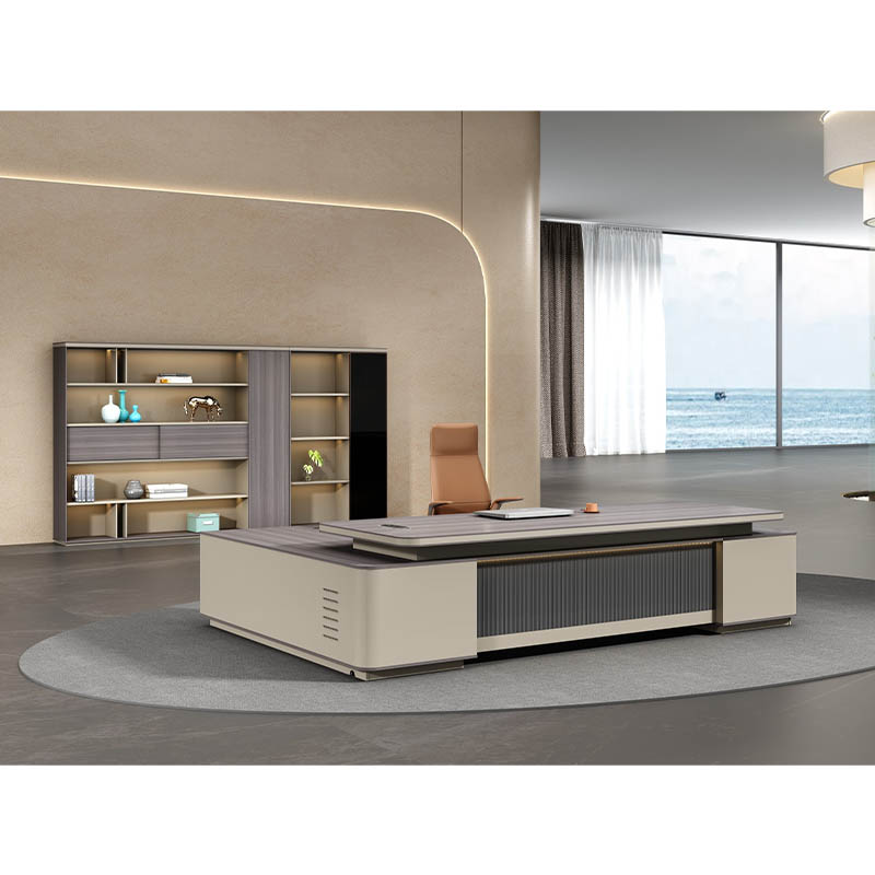 What specific details reflect the ergonomic design of a modern executive desk?